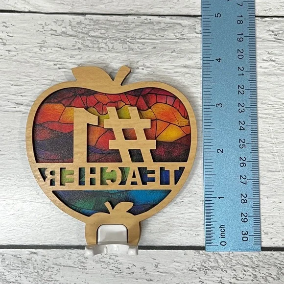 Number 1 Teacher Apple Night Light Stained Glass Effect Wood Decor Handcrafted - Picture 8 of 10